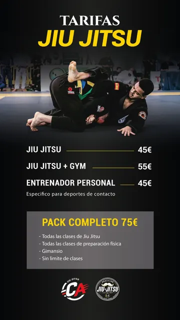 Cartel de tarifas de Jiu Jitsu: 45 €, con gimnasio 55 €, entrenador personal 45 € y pack completo 75 €