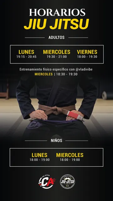 Cartel de horarios de Jiu Jitsu para adultos y para niños