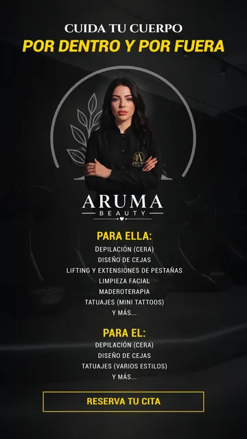 Cartel de Aruma Beauty con los servicios de estética de Alma para ella y para él